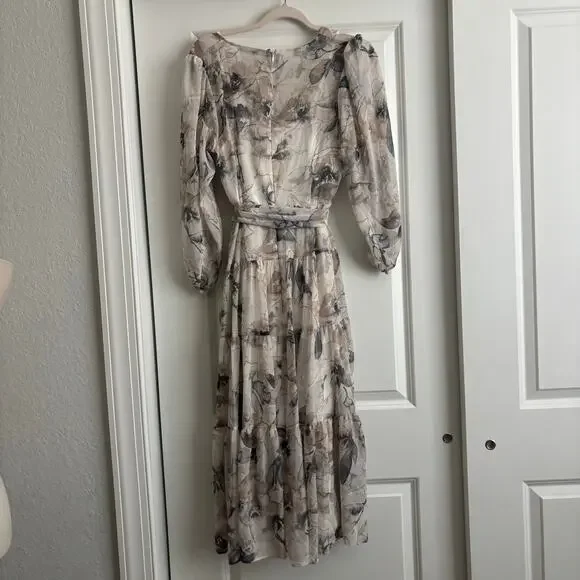 Calvin Klein Floral Chiffon Maxi Dress Sz 8 Faux Wrap Long Sleeve Tiered V-Neck - Picture 11 of 16